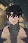  1boy backlighting black_eyes black_hair blurry blurry_background fur_trim hair_between_eyes jacket looking_at_viewer male_focus n_juumt omniscient_reader's_viewpoint outdoors short_hair snow snowing solo straight-on turtleneck upper_body yoo_joonghyuk 
