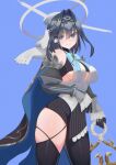  1girl absurdres artist_request black_gloves blue_eyes blue_hair bow bow_earrings breasts cape chain chain_headband clothing_cutout commentary detached_sleeves earrings english_commentary gloves hair_intakes halo heart-shaped_gem highres hololive hololive_english jewelry large_breasts mechanical_halo ouro_kronii ouro_kronii_(1st_costume) pinstripe_pattern pinstripe_shirt pinstripe_skirt ribbon_earrings shirt short_hair skindentation skirt smile solo thighhighs underboob_cutout virtual_youtuber 