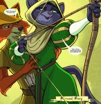 4_fingers anthro arrow_(weapon) belt bow_(weapon) canid canine canis claws clorinda_(sir_paulus) clothing dialogue disney duo eyebrows felid feline female fingers forest forest_background fox green_clothing green_eyes hat_feather headgear headwear hi_res holding_bow_(weapon) holding_object holding_ranged_weapon holding_weapon hood how-to instruction loose_feather male mammal narrowed_eyes pantherine plant pupils questionable_consent raised_eyebrow ranged_weapon robin_hood robin_hood_(disney) sir_paulus slit_pupils standing tree weapon