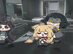  3girls :> :d animal_ear_fluff animal_ears arknights arknights:_endfield beleullin black_hair black_jacket blonde_hair blue_horns blush brown_eyes cape chen_qianyu_(arknights) chibi chibi_only closed_eyes commentary_request dragon_girl dragon_horns dress endministrator_(arknights) fang female_endministrator_(arknights) game_screenshot_background highres horns jacket korean_commentary long_hair low-tied_sidelocks medium_hair multiple_girls musical_note no_hood open_clothes open_jacket open_mouth outline red_cape rossi_(arknights) screenshot_background sidelocks sitting skin_fang smile speech_bubble spoken_musical_note tail twintails white_dress white_outline wolf_ears wolf_girl wolf_tail 