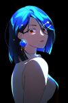  1girl alternate_hair_color alternate_hair_length_(shorter) black_background blue_flower blue_hair blue_rose blunt_ends breasts collared_shirt dot_nose earrings flower flower_earrings from_side great_yell_for_dreamers!_(project_sekai) hair_behind_ear hair_between_eyes hair_ornament hairclip highres jewelry looking_at_viewer looking_to_the_side love_songjang medium_breasts official_alternate_costume official_alternate_hairstyle orange_eyes parallel_hairclips parted_lips project_sekai rose shiraishi_an shirt short_hair simple_background single_sidelock sleeveless sleeveless_shirt solo star_(symbol) star_hair_ornament turning_head upper_body white_shirt wing_collar 