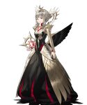  1girl alternate_costume bangs black_dress book breasts closed_mouth collarbone dress fire_emblem fire_emblem_heroes full_body gold_trim grey_hair highres holding jewelry kozaki_yuusuke long_dress long_skirt long_sleeves looking_at_viewer non-web_source official_art red_eyes shiny shiny_hair short_hair sidelocks skirt small_breasts smile solo standing tiara transparent_background veronica_(fire_emblem) 