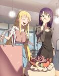  2girls absurdres ahoge bag birthday_cake black_dress black_hair blonde_hair blue_pants blush brown_jacket cake camisole chair cho_kaguya-hime! closed_eyes commentary_request dress earrings food fruit green_eyes heart highres indoors jacket jewelry jingulbi kaguya_(cho_kaguya-hime!) long_hair mole mole_under_eye multiple_girls open_clothes open_jacket open_mouth pants pink_camisole sakayori_iroha shirt shoulder_bag strawberry teeth three-quarter_sleeves upper_teeth_only white_shirt 
