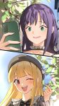  2girls absurdres beret black_bow black_bowtie black_choker black_hair black_hat blonde_hair blush bow bowtie cellphone cho_kaguya-hime! choker collarbone commentary_request fang finger_heart frilled_choker frills green_eyes hat highres holding holding_phone jingulbi kaguya_(cho_kaguya-hime!) long_hair medium_hair multiple_girls nail_polish open_mouth partial_commentary phone pink_nails plant purple_nails red_eyes sakayori_iroha sidelocks smartphone teeth upper_teeth_only 