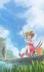  2girls :d absurdres animal_ear_fluff animal_ear_piercing animal_ears blue_eyes blue_hair blue_sky boots brown_eyes brown_hair bucket cat_ears cat_tail chair chen cloud commentary_request day drill_hair drill_sidelocks earrings fins fish fishing fishing_rod folding_chair frilled_skirt frills green_hat hair_between_eyes hat head_fins highres holding holding_fishing_rod jewelry long_sleeves merfolk mermaid mob_cap monster_girl multiple_girls multiple_tails nekomata on_chair open_mouth outdoors red_boots red_skirt red_vest short_hair sidelocks single_earring sitting skirt sky smile solo_focus tail toorooo touhou two_tails vest wakasagihime water 