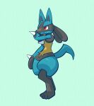 2023 3_fingers 3_toes absurd_res ambiguous_gender anthro black_inner_ear black_legs blue_body blue_ears blue_fur blue_tail blue_thighs chest_spike digitigrade facial_markings fangs feet fingers full-length_portrait fur generation_4_pokemon gloves_(marking) green_background hand_spike head_markings hi_res lucario markings mask_(marking) momensarada mouth_closed nintendo pointy_ears pokemon pokemon_(species) portrait pose red_eyes simple_background snout solo spikes spikes_(anatomy) tail tan_body tan_fur teeth toes white_sclera