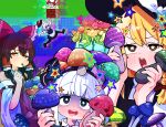 5girls acid_trip apron ascot black_hairband black_vest blonde_hair blush bow braid brown_eyes brown_hair cigarette commentary detached_sleeves drooling frilled_bow frilled_hair_tubes frills frog_hair_ornament gram_9 green_bow green_eyes grey_hair hair_bow hair_ornament hair_tubes hairband hakurei_reimu hat hat_bow heart heart-shaped_pupils highres holding holding_mushroom izayoi_sakuya kirisame_marisa kochiya_sanae konpaku_youmu long_hair maid maid_headdress mario_(series) multiple_girls mushroom open_mouth playable_command_(touhou) red_bow red_hat ribbon-trimmed_sleeves ribbon_trim sack saliva shaded_face side_braid single_braid single_hair_tube smoking snake_hair_ornament star-shaped_pupils star_(symbol) sweat symbol-shaped_pupils touhou twin_braids vest waist_apron white_bow witch_hat yellow_ascot 