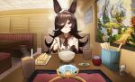  1girl absurdres animal_ears blush booth_seating bow bow_hairband bowl brown_dress brown_hair brown_hairband brown_ribbon casual chopsticks collared_dress commentary cup dress ear_bow english_commentary flipped_hair food grey_hairband hair_over_one_eye hairband highres horse_ears horse_girl jewelry long_hair long_sleeves looking_at_viewer marriage_proposal ngmq official_alternate_costume open_mouth picture_frame pov purple_eyes restaurant ribbon rice_shower_(casual)_(umamusume) rice_shower_(umamusume) ring steam steaming_body umamusume white_hairband 