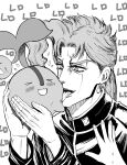  >_< 1boy 1other absurdres blush cherubi commentary_request creature crossover earrings gakuran greyscale hatching_(texture) highres holding holding_creature jewelry jojo_no_kimyou_na_bouken kakyoin_noriaki licking monochrome mushi_gyouza open_mouth pokemon pokemon_(creature) rero_rero school_uniform smile stardust_crusaders sweat 