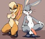 anthro areola balls bodily_fluids breasts bugs_bunny bulge clothing crouching duo english_text eyelashes eyeshadow female femboy flat_colors footwear footwear_only foreskin genital_fluids genital_raphe genitals gloves hair handwear justtaylor lagomorph leporid lola_bunny looney_tunes makeup male male/female mammal mostly_nude navel nipple_outline nipples penis ponytail precum rabbit raphe_(anatomy) scrotal_raphe shirt shoes shoes_only simple_background smile sneakers sneakers_only text topwear warner_brothers whiskers