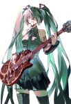  1girl aqua_eyes aqua_hair aqua_trim arm_tattoo black_sleeves black_thighhighs blood blood_on_face breasts collared_shirt commentary detached_sleeves electric_guitar frilled_shirt frills gibson_les_paul grey_shirt guitar hair_ornament hair_over_one_eye hatsune_miku headphones headset highres holding holding_plectrum implied_cannibalism instrument long_hair long_sleeves looking_at_viewer medium_breasts microphone necktie number_tattoo one_eye_covered parted_lips piano_print playing_instrument pleated_skirt plectrum shirt sidelocks simple_background skirt sleeveless solo tattoo thighhighs twintails untucked_shirt very_long_hair vocaloid watanabe_kawa white_background zettai_ryouiki 