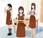  3girls apron black_hair black_shoes black_socks brown_apron brown_eyes brown_hair brown_sailor_collar commentary_request commission food highres holding holding_sign kneehighs legs loafers long_hair long_sleeves medium_hair multiple_girls office_lady onigiri original pencil_skirt pink_skirt pixiv_commission ponytail sailor_collar school_uniform serafuku setu_kurokawa shirt shoes short_hair sidelocks sign skirt socks standing table variant_set white_shirt 