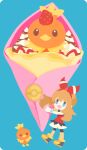  blue_background blue_eyes brown_hair character-themed_food chocolate commentary_request cream crepe dress food food_focus fruit hairband holding holding_crepe holding_food may_(pokemon) pokemon red_dress red_hairband rizu_(rizunm) shoes shorts simple_background standing strawberry torchic yellow_shoes 