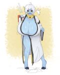 4:5 absurd_res alien alien_humanoid big_breasts blue_body book breasts cleavage clothed clothing female freckled_breasts freckled_chest freckled_legs freckled_thighs freckles hair hi_res hooves huge_breasts humanoid robe robe_only solo sosoni t'au_(warhammer) top_heavy warhammer_(franchise) warhammer_40000 white_hair worried worried_look