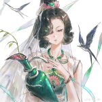  1girl absurdres bare_shoulders bead_necklace beads bird black_bird black_hair bottle branch chinese_commentary commentary_request green_tube_top hair_bun hair_over_one_eye hand_up highres holding holding_bottle jewelry looking_at_viewer lotus_hair_ornament necklace one_eye_covered parted_lips purple_eyes reverse:1999 see-through_clothes see-through_veil short_hair solo songshanjian strapless swallow_(bird) tube_top tuesday_(reverse:1999) tuesday_(story_of_the_jade_vase)_(reverse:1999) upper_body veil watermark weibo_watermark white_background 