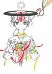  1girl closed_mouth collarbone commentary_request cover cover_page green_ribbon hair_ribbon highres long_sleeves maribel_hearn neckerchief pink_ribbon red_ribbon ribbon sailor_collar smile solo spot_color sun_symbol too_many_ribbons touhou uewtsol yellow_ribbon 