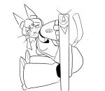 anthro big_breasts big_butt blush breasts butt canid canine clothed clothing dinglemort duo eyewear eyewear_on_head female fold_(gameoverse) fur gameoverse glitch_productions glory_hole glory_wall goggles goggles_on_head hair kit_(gameoverse) looking_at_viewer male male/female mammal nude sgaming87650 simple_background stuck tail through_wall whiskers