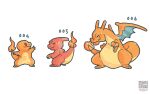  black_eyes charizard charliegrins charmander charmeleon claws closed_mouth commentary evolutionary_line fire flame-tipped_tail full_body no_humans pokedex_number pokemon pokemon_(creature) signature simple_background tail white_background 