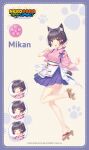  1girl animal_ear_fluff animal_ears animal_hands apron bell black_fur black_hair blush bob_cut bow breasts cat_ears cat_girl cat_paws cat_tail character_name cherry_blossoms clenched_hand closed_eyes copyright_name hand_up hands_up japanese_clothes kimono looking_at_viewer mikan_(nekopara) name_tag nekopara nekopara_sekai_connect official_art open_mouth orange_eyes pale_skin pink_bow pink_kimono pleated_skirt purple_bow purple_skirt red_bow ribbon sandals sayori_(neko_works) short_hair short_tail shy skirt surprised tail white_fur 