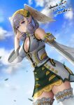  1girl blue_eyes blue_sky blurry blurry_background breasts cleavage cloud commentary_request commission cosplay_request curled_ends dated day detached_sleeves falling_leaves grey_hair head_wings highres large_breasts leaf looking_at_viewer melia_antiqua outdoors sky solo standing thank_you wings xenoblade_chronicles_(series) xenoblade_chronicles_1 yamamori_kinako 
