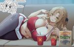  2girls alternate_costume blonde_hair bra braid breasts cleavage commentary couch crumbs cup disposable_cup drinking_straw eating english_commentary english_text fn-49_(girls'_frontline) food french_fries girls'_frontline green_eyes hair_ribbon highres huge_breasts jewelry keenh licking_lips long_hair looking_at_viewer lying micro_shorts multiple_girls navel necklace on_side pantylines red_bra ribbon shorts side_braid spas-12_(girls'_frontline) stomach tongue tongue_out underwear wristband zipper zipper_pull_tab 