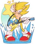 alternate_form anthro breasts buckle clothing crossgender ctrl_bullet electric_guitar eulipotyphlan eyelashes featureless_breasts female footwear fur gloves guitar halftone halftone_dots handwear hedgehog hi_res holding_musical_instrument holding_object mammal mtf_crossgender musical_instrument playing_music plucked_string_instrument pointy_ears red_clothing red_eyes red_footwear red_shoes sega shoes smile solo sonic_the_hedgehog sonic_the_hedgehog_(series) star_symbol string_instrument yellow_body yellow_fur