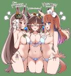  3girls :t absurdres almond_eye_(umamusume) animal_ears asymmetrical_docking bikini bow_hairband braid braided_sidelocks breast_press breasts brown_hair cleavage colored_inner_hair commentary_request ear_ornament ear_ribbon eye_contact gingham_bikini gingham_clothes green_background hairband halterneck highres horse_ears horse_girl horse_tail large_breasts lightning_glare long_hair looking_at_another multicolored_hair multiple_girls ponta_(1859ysmssstsp) satono_diamond_(umamusume) side-tie_bikini_bottom sidelocks stare_down swimsuit symbol-shaped_pupils tail thighs translation_request umamusume vivlos_(umamusume) white_bikini white_hairband x-shaped_pupils 