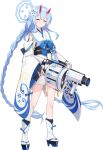  1girl ^_^ absurdly_long_hair black_bridal_gauntlets black_socks blue_archive blue_bow blue_bowtie blue_hair blue_halo blue_sandals blue_trim blush bow bowtie braid braided_twintails bridal_gauntlets chise_(blue_archive) closed_eyes closed_mouth detached_sleeves flower full_body game_asset grenade_launcher gun hair_flower hair_ornament halo happy high_heels highres holding holding_gun holding_weapon horns hwansang japanese_clothes kimono large_variant_set layered_legwear long_hair long_sleeves milkor_mgl obi official_art pink_horns platform_sandals sailor_collar sandals sash short_kimono sidelocks simple_background skin-covered_horns sleeveless sleeveless_kimono smile socks solo split_mouth standing tabi tachi-e tassel third-party_source transparent_background twintails variant_set very_long_hair weapon white_flower white_kimono white_sailor_collar white_sleeves white_socks wide_sleeves 