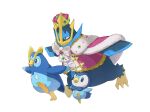  bird blue_eyes bow cape commentary_request crown dzukeg0han empoleon evolutionary_line fur-trimmed_cape fur_trim highres no_humans penguin piplup pokemon pokemon_(creature) pokemon_focus pokemon_unite prinplup red_cape running simple_background white_background white_bow 