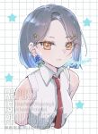  1girl alternate_hair_length_(shorter) black_hair blue_flower blue_hair blue_rose blunt_ends breasts chako_(p4amg1208) closed_mouth collared_shirt commentary_request cropped_torso dot_nose earrings flower flower_earrings gradient_hair great_yell_for_dreamers!_(project_sekai) grid_background hair_behind_ear hair_ornament hairclip highres jewelry looking_at_viewer medium_breasts multicolored_hair necktie official_alternate_costume official_alternate_hairstyle orange_eyes parallel_hairclips parted_hair project_sekai red_necktie rose shiraishi_an shirt short_hair simple_background sleeveless sleeveless_shirt solo star_(symbol) star_hair_ornament twitter_username two-tone_hair upper_body watermark white_shirt wing_collar 