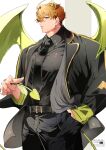  1boy absurdres artist_name bags_under_eyes belt black_shirt black_suit blonde_hair commentary covered_pectorals demon_horns demon_wings formal_clothes green_tail grey_background hand_in_pocket highres horns jewelry large_pectorals love_bl_12 male_focus muscular muscular_male necktie nu_carnival orange_eyes pectorals quincy_(nu_carnival) ring shirt short_hair simple_background spiked_hair star_(symbol) star_print suit tail tight_clothes untranslatable_commentary white_background wings 