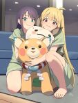  2girls absurdres ahoge black_hair blonde_hair brown_eyes cho_kaguya-hime! closed_mouth commentary_request fushi_(cho_kaguya-hime!) green_eyes green_shirt green_shorts highres indoors inudoge jingulbi kaguya_(cho_kaguya-hime!) long_hair looking_at_viewer mole mole_under_eye multiple_girls nail_polish pajamas sakayori_iroha shide shirt short_hair shorts toenail_polish toenails 