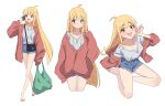  1girl absurdres ahoge bag black_bag blonde_hair blue_shorts blush breasts brown_eyes cardigan cho_kaguya-hime! cleavage commentary_request fang hand_up highres holding holding_bag jingulbi kaguya_(cho_kaguya-hime!) long_hair looking_at_viewer multiple_views nail_polish open_cardigan open_clothes open_mouth partial_commentary red_cardigan red_nails shirt shopping_bag shorts shoulder_bag simple_background skin_fang sleeves_past_wrists toenail_polish toenails white_background white_shirt 
