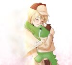  1girl alligator blonde_hair brown_coat brown_hat capelet closed_eyes closed_mouth coat colored_skin commentary crocodilian crying deerstalker detective english_commentary green_skin hair_ornament hat highres holding hololive hololive_english hug investigator_(watson_amelia) light_smile long_sleeves monocle short_hair short_sleeves simple_background tackery virtual_graduation_commemoration virtual_youtuber watson_amelia white_background 