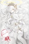  1girl absurdres blue_archive blush bridal_veil bride colored_skin commentary_request doodle_sensei_(blue_archive) dress flower gloves hair_over_one_eye hair_ribbon halo highres konattang long_hair looking_at_viewer malkuth_(blue_archive) one_eye_covered ribbon sensei_(blue_archive) sleeveless sleeveless_dress symbol-shaped_pupils tiara veil wedding_dress white_dress white_gloves white_hair white_ribbon white_skin x-shaped_pupils yellow_eyes yellow_halo 