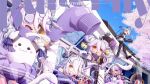  5girls ahoge animal_ears bell black_shorts blue_sky bra carrot_hair_ornament china_dress chinese_clothes clothing_cutout cube double_bun dress electric_plug electric_plug_tail eyepatch food-themed_hair_ornament gradient_hair grey_hair grin hair_bell hair_between_eyes hair_bun hair_ornament hat hen_squad_(henya_the_genius) henya_the_genius henya_the_genius_(1st_costume) henya_the_genius_(bunniversary) henya_the_genius_(cyber_henya) henya_the_genius_(kung-fu_henya) henya_the_genius_(summer) horns indie_virtual_youtuber jacket jersey leotard long_bangs long_hair mechanical_horns multicolored_hair multiple_girls open_mouth playboy_bunny purple_dress purple_hair purple_jacket purple_leotard purple_ribbon rabbit_ears ribbon shorts sidelocks sitting sky sleeves_past_fingers sleeves_past_wrists smile stomach_cutout strapless strapless_bra sun_hat sunglasses tail tinybiard train tree underwear virtual_youtuber waving yellow_eyes zipper_pull_tab 