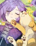  1girl blush cloak closed_eyes commentary dog field flower flower_field grass hair_over_one_eye highres lying on_back orange_flower outdoors parted_lips pink_flower promeia_(zenless_zone_zero) purple_cloak purple_hair tuyumori_kaoru_(alilybell1241) yellow_flower zenless_zone_zero 