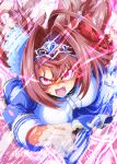  1girl aiguillette animal_ears black_bow blue_jacket bow breasts brown_hair center_frills commentary_request daiwa_scarlet_(peak_blue)_(umamusume) daiwa_scarlet_(umamusume) epaulettes eye_trail fang frills glowing glowing_eyes hair_intakes highres horse_ears horse_girl jacket large_breasts layered_legwear light_trail long_hair long_sleeves looking_at_viewer open_mouth red_eyes running shirt solo sweat tiara twintails umamusume very_long_hair white_shirt zukki_(bijitaru) 