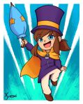  1girl :d a_hat_in_time ankle_boots blue_background blue_eyes blue_umbrella boots border brown_boots brown_hair cape child closed_umbrella commentary english_commentary full_body hat hat_kid hat_ribbon highres holding holding_umbrella jacket long_sleeves medium_hair open_mouth outside_border pants ponytail purple_hat purple_jacket ribbon sidelocks signature smile solo star_(symbol) top_hat umbrella white_border white_pants xyronii yellow_cape yellow_ribbon zipper zipper_pull_tab 