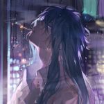  1boy alannoran bangs blue_hair cigarette city_lights collared_shirt eyelashes from_side glass hair_between_eyes indoors long_hair looking_away looking_up male_focus mouth_hold night parted_lips portrait purple_eyes saint_seiya scorpio_milo shirt smoke smoking solo water_drop wet wet_clothes wet_hair wet_shirt window window_fog 