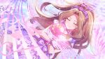  1girl beamed_sixteenth_notes bow brown_hair card_commentary closed_eyes closed_mouth commentary_request curtained_hair dress earrings eighth_note floating_hair flower game_asset gloves hair_bow hair_flower hair_ornament heart high_ponytail idolmaster idolmaster_million_live! idolmaster_million_live!_theater_days jewelry light_smile long_hair musical_note musical_staff musical_staff_print nikaido_chizuru official_alternate_costume official_art pink_flower pink_gloves ponytail print_dress purple_bow purple_dress sixteenth_note solo third-party_source 