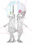  2girls alternate_costume building closed_mouth coat commentary_request converse cover cover_page hair_bun highres long_sleeves looking_at_another map maribel_hearn medium_hair multiple_girls novel_cover sailor_collar shoes short_hair short_sleeves skirt socks string string_of_fate touhou traffic_light tree turtleneck_coat uewtsol usami_renko 