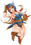  1girl armlet armor belt blue_armor breasts brown_eyes brown_gloves brown_hair cleavage commentary_request daisy_(dq) dragon_quest dragon_quest_yuusha_abel_densetsu fake_horns full_body gloves helmet highres horned_helmet horns inukukyo jewelry long_hair looking_at_viewer open_mouth simple_background smile solo sword weapon white_background 