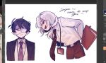  2boys :d akinashi_haru art_program_in_frame belt black_hair black_jacket blue_eyes blue_necktie blush breast_pocket clip_studio_paint clip_studio_paint_(medium) collared_shirt commentary cowboy_shot cropped_legs cropped_torso dress_shirt english_commentary english_text eyepatch folder grey_hair hair_between_eyes hair_over_one_eye holding holding_folder jacket lanyard long_sleeves male_focus medical_eyepatch motion_lines multiple_boys necktie open_clothes open_jacket open_mouth pants parted_bangs pocket red_eyes red_necktie red_pants saihate_eki screenshot shirt short_hair sidelocks simple_background smile smug suit_jacket tatsunami_shion teeth tosteurmori trembling upper_body upper_teeth_only white_background white_shirt yaoi 
