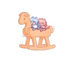  2girls :3 ahoge animal_ears blue_hair blush_stickers cat_ears cat_girl cat_tail chibi chibi_only closed_eyes coffsw facing_viewer from_side happy hololive hoshimachi_suisei kemonomimi_mode mini_person minigirl motion_lines multiple_girls open_mouth pink_hair riding rocking_horse sakura_miko shirt simple_background sitting skirt tail virtual_youtuber white_background white_shirt 