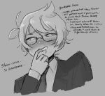  1boy akinashi_haru akinatsu_fan antenna_hair black_jacket blush character_name collared_shirt commentary cropped_torso dark_persona english_commentary english_text glasses jacket long_sleeves male_focus necktie open_mouth parted_bangs saihate_eki saliva shirt short_hair sidelocks smile solo sweat upper_body yandere 