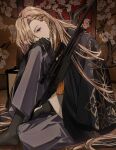  1boy absurdres black_kimono blonde_hair braid fura_kanato grey_hakama gun hair_over_one_eye hakama hakama_pants highres japanese_clothes kimono long_hair looking_at_viewer male_focus matsuhago nijisanji pants print_kimono purple_eyes rifle side_braid solo virtual_youtuber weapon 