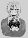  2boys aged_down akinashi_haru akinatsu_fan blush cardigan collared_shirt commentary cropped_torso crossed_arms double-parted_bangs empty_eyes english_commentary greyscale hair_between_eyes height_difference highres hug hug_from_behind long_sleeves looking_at_viewer male_focus medium_hair monochrome multiple_boys necktie open_mouth photo-referenced saihate_eki shirt short_hair sidelocks simple_background smile tatsunami_shion tearing_up upper_body yaoi 