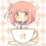  1girl ^^^ argyle_background blush brown_eyes brown_hair commentary_request cup flying_sweatdrops grey_sailor_collar ichinose_hana in_container in_cup long_sleeves mitarashi_neko parted_lips sailor_collar saucer shadow shirt slow_start small_sweatdrop solo sweat translation_request white_shirt 
