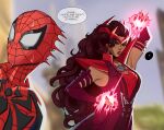  1boy 1girl absurdres armpits blurry blurry_background brown_hair dark-skinned_female dark_skin depth_of_field elbow_gloves english_text fingerless_gloves gloves green_eyes highres long_hair looking_to_the_side magic marvel marvel_rivals peppr_n'_salt scarlet_witch speech_bubble spider-man spider-man_(series) superhero_costume thought_bubble 